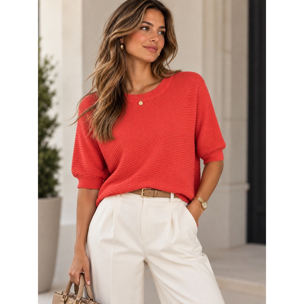 Rachel Comey Coral Pink Pima Cotton Ribbed Short Sleeve Knit Sweater Medium